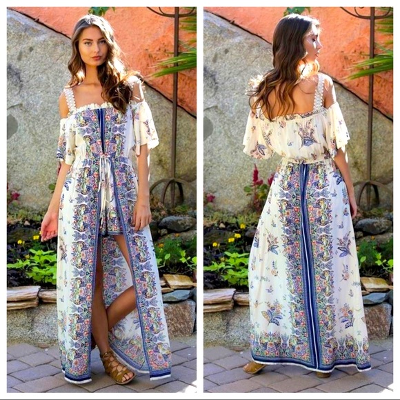 Angie Dresses & Skirts - Angie ivory blue purple maxi floral romper large